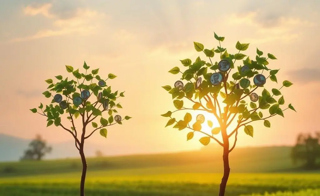 A serene landscape with calming colors, incorporating a subtle financial theme like money growing on trees.
