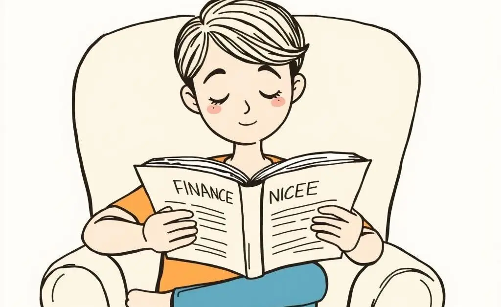 Hand-drawn illustration of a serene person reading a finance book in a comfortable chair.