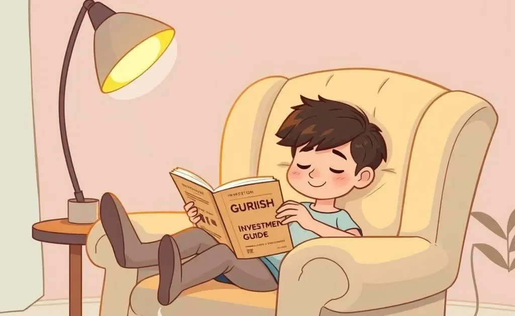 A serene cartoon scene where a person is reading an investment book in a cozy chair.