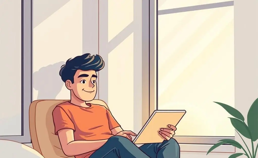 A serene scene of a person sitting by the window, contemplating investment options on a tablet, depicted in a modern cartoon style.