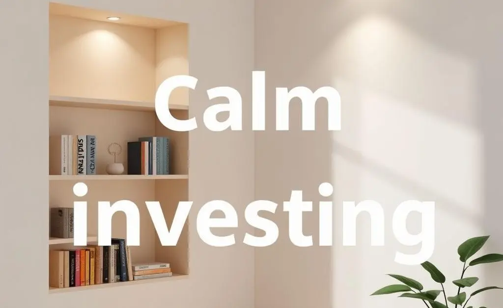 A peaceful corner with a bookshelf and soft lighting, representing calm investing.