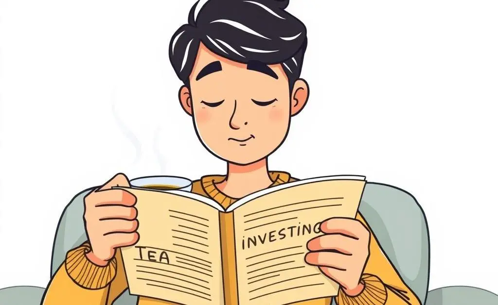 Cartoon illustration of a person calmly reading about investing with a cup of tea.
