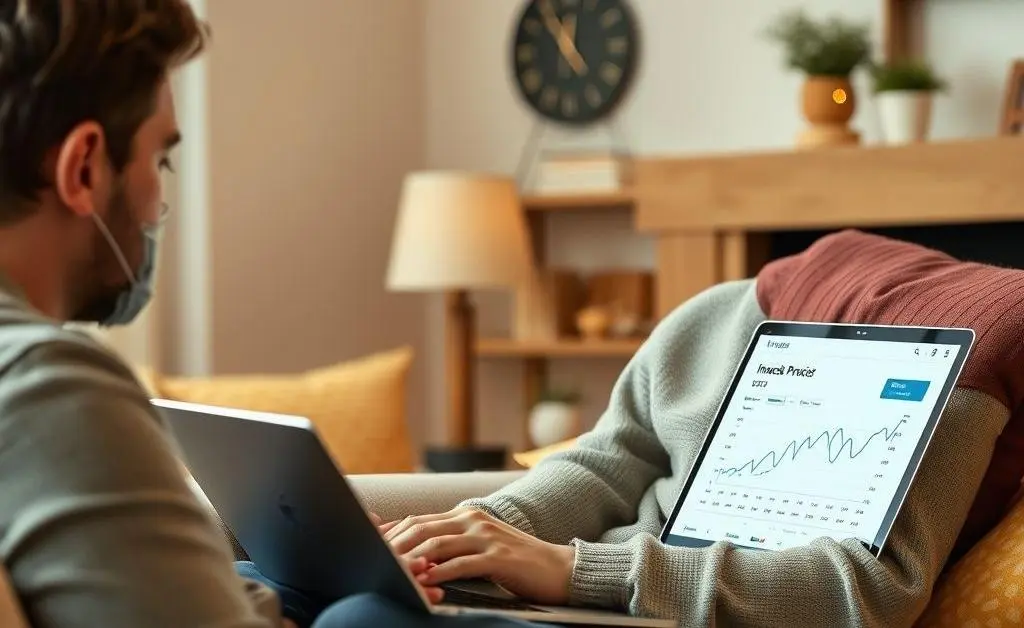 A person in a cozy setting, reviewing investment progress on a laptop