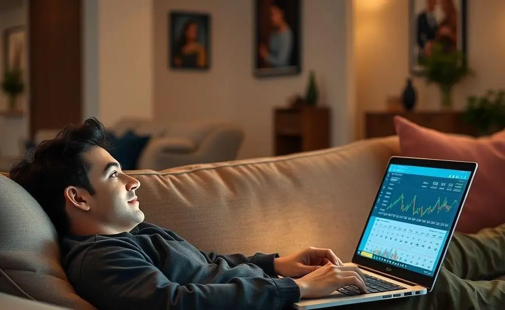 A relaxed person sitting on a couch, looking at a laptop screen with charts.