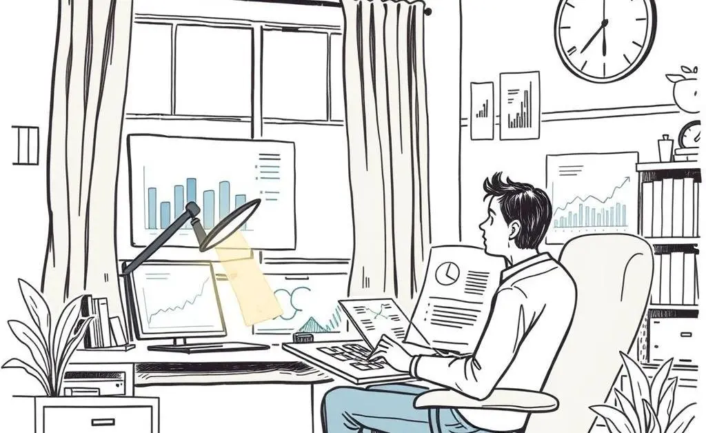 Person analyzing financial charts in a relaxed home office setting.