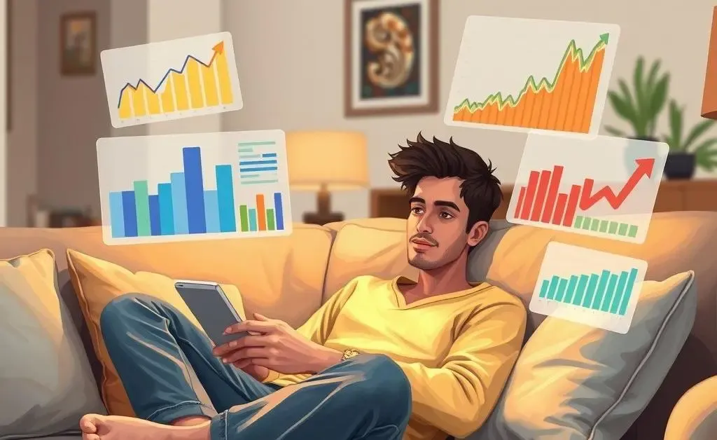 A relaxed person sitting on a couch looking at their phone with investing charts around them