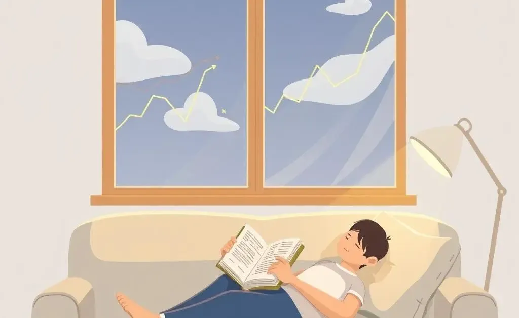 Person reading a financial book with stock charts visible in the sky