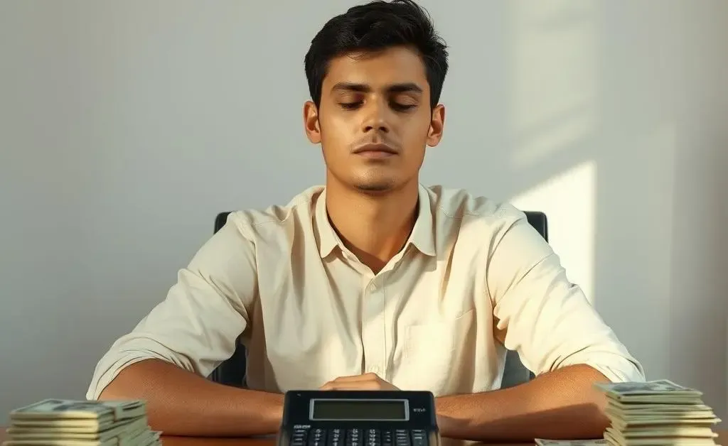 A person sitting calmly with stacks of bills and a calculator.