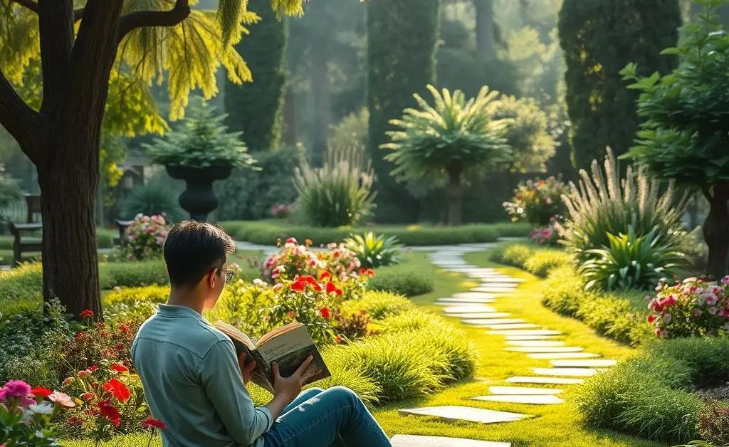 A person peacefully investing in a garden setting.