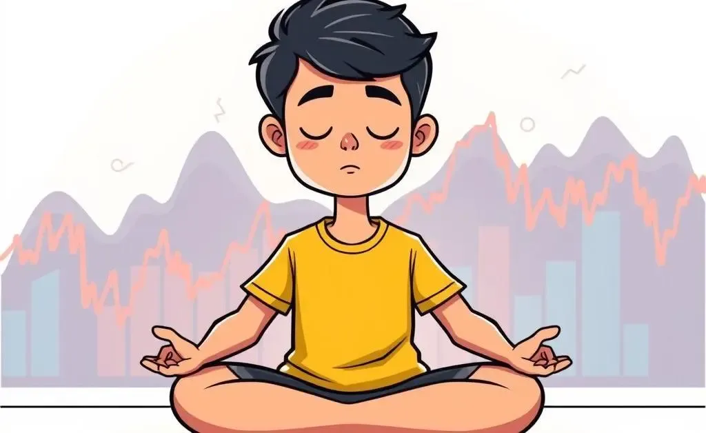 Cartoon of a person meditating with stock market graphs in the background.