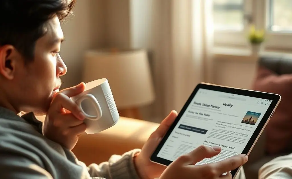 A serene scene of someone drinking tea and reading financial news on a tablet.