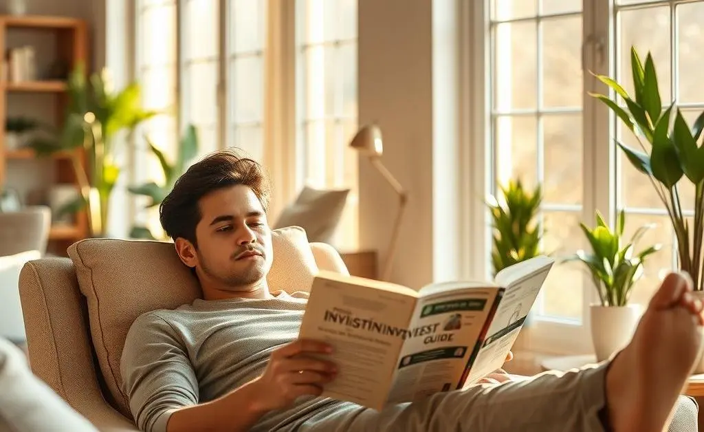 A calm person reading about investing