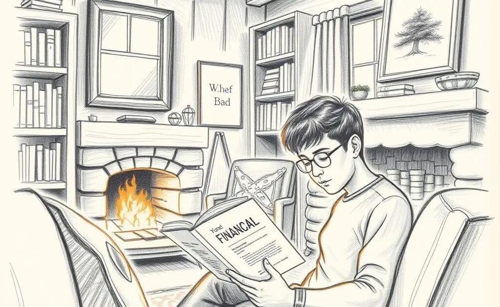 A serene scene of someone reading a financial book in a cozy setting