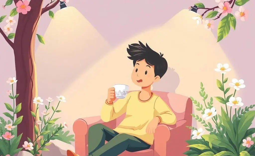 Relaxing with tea, calm investment decisions.