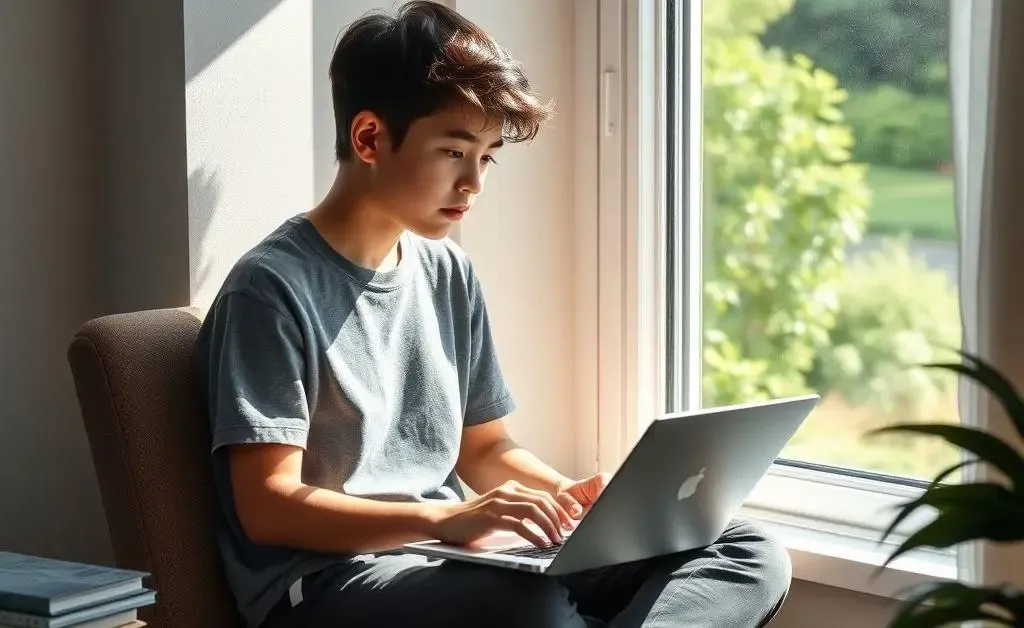 A teenager calmly researching investments by a window.