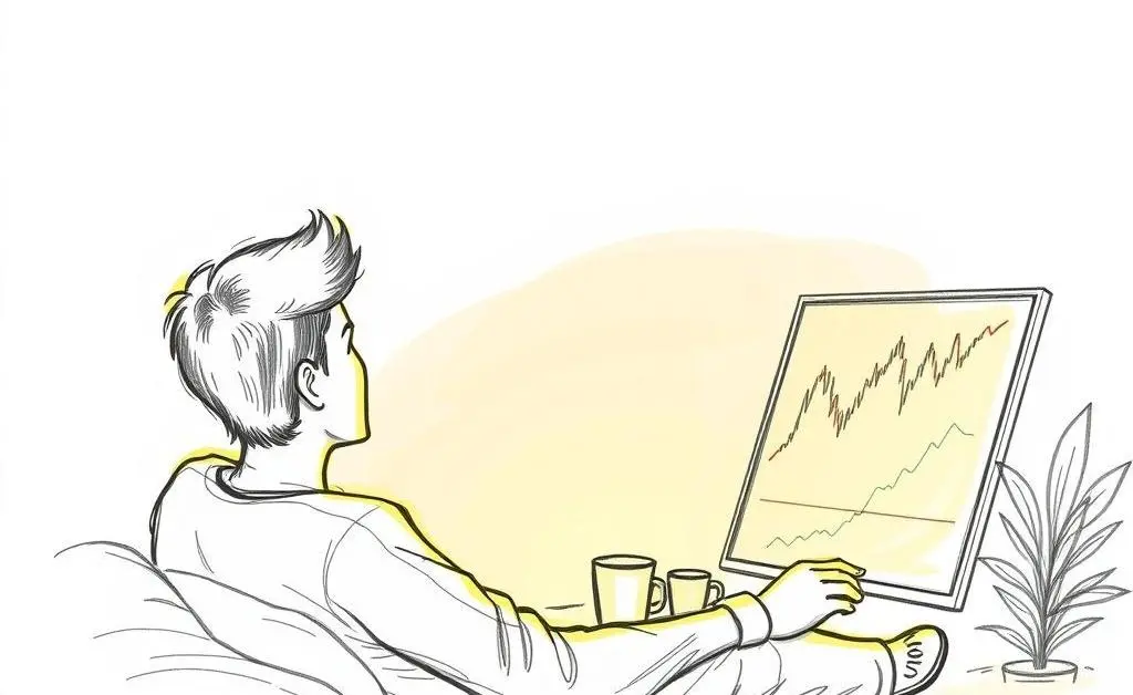 A hand-drawn scene of someone relaxing with financial charts on a screen and a soft ambiance.
