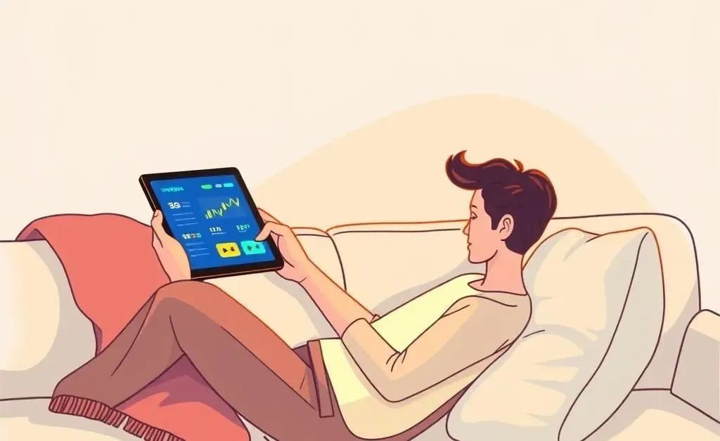 Person relaxing, looking at investing apps on a tablet