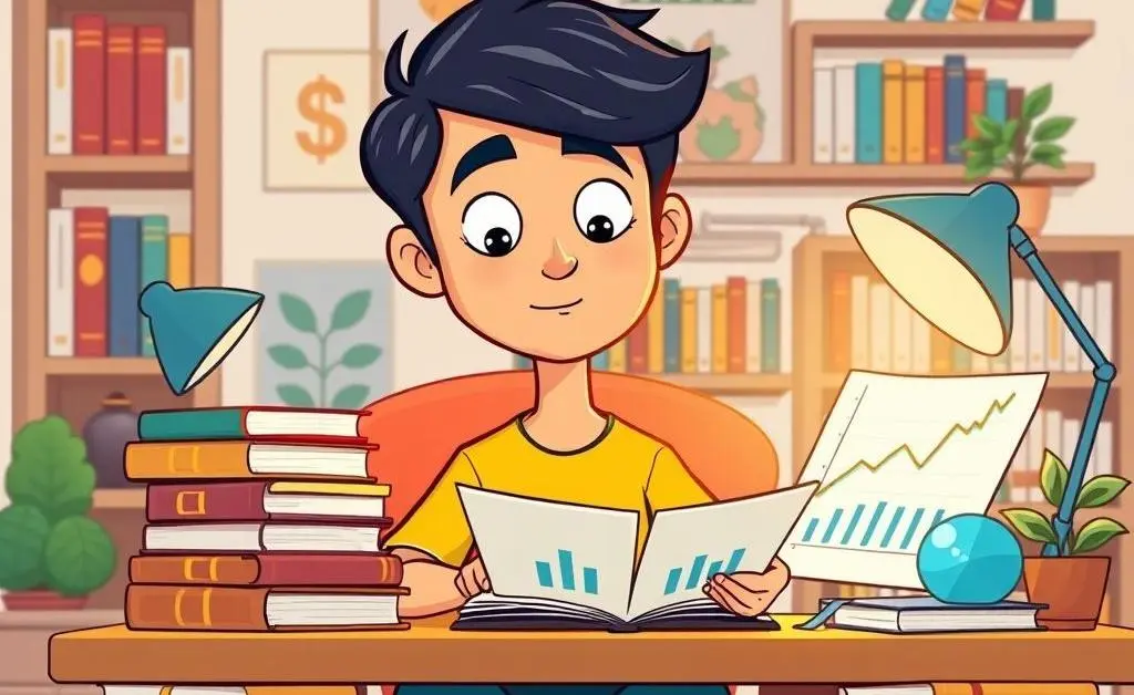 A cartoon person sitting calmly at their desk with a planner, a globe, and credit cards, emanating a peaceful vibe.