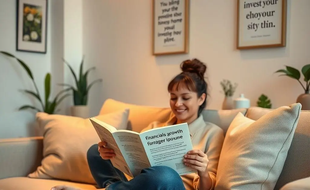 A peaceful scene with someone sitting on a couch, happily reading a book about investing.