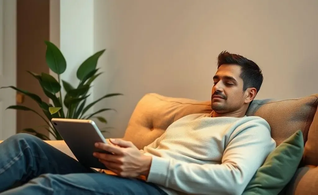 A person sitting on a sofa with a tablet, surrounded by calming plants and a chart showing steady growth