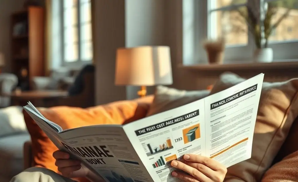 Person calmly reading a financial newspaper in a cozy setting.
