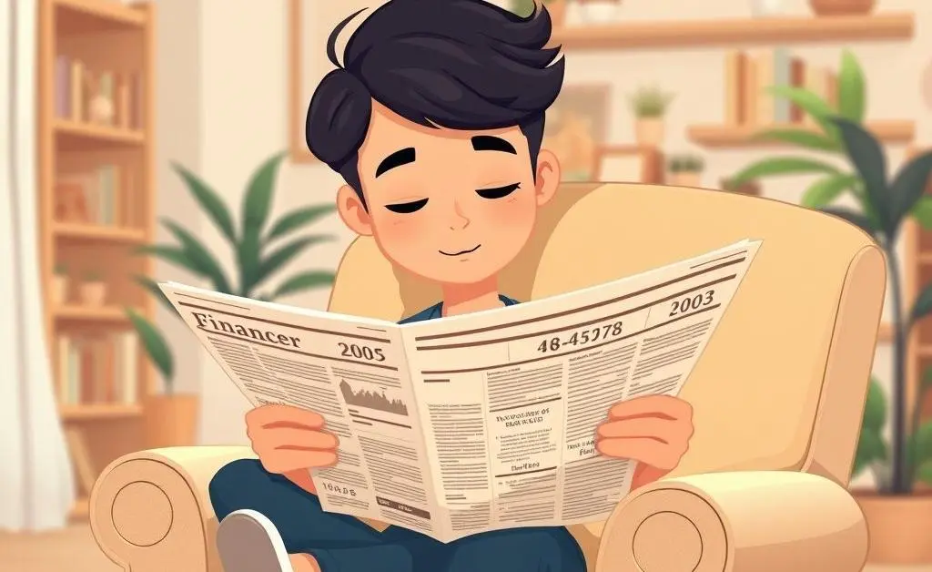 A serene cartoon image showing a person peacefully reading a financial newspaper in a cozy chair.