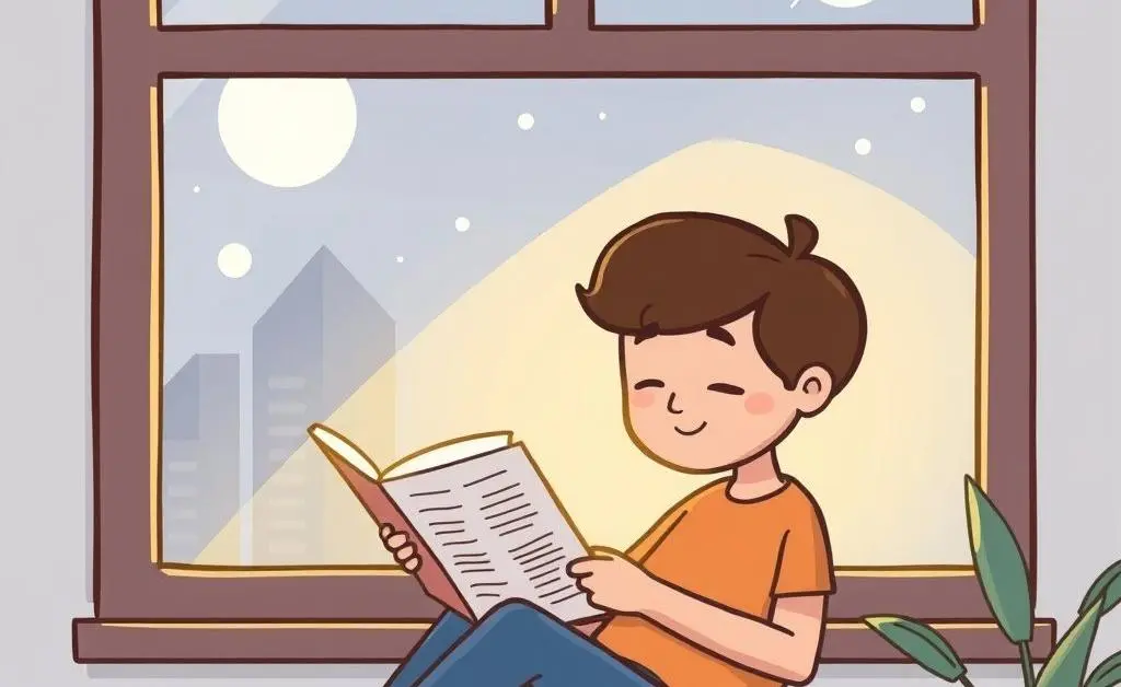 A serene cartoon scene of someone peacefully reading a finance book by a window.