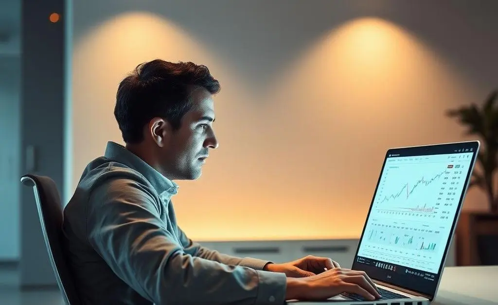 A serene person looking at investment charts