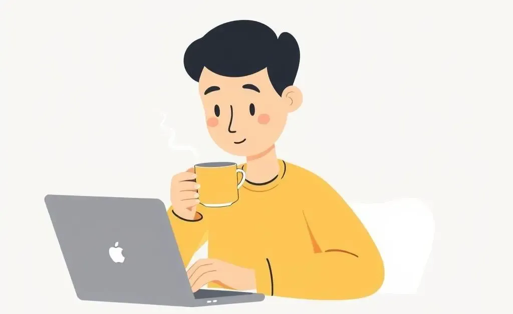 A cartoon-style image depicting a person calmly sipping tea while checking mortgage rates online.