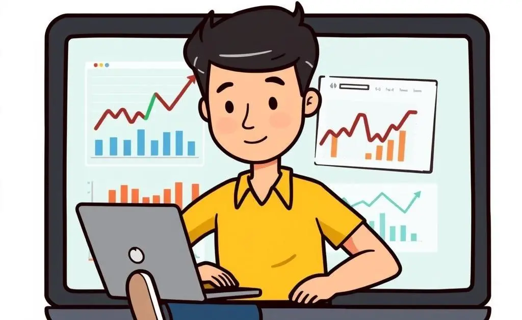 Person sitting calmly with investment charts on a laptop
