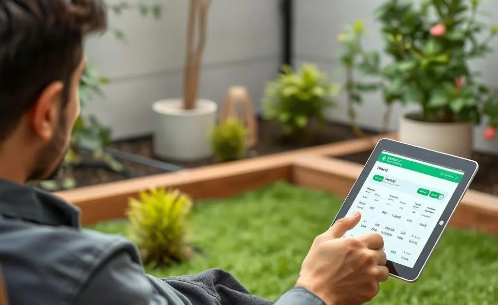 A person relaxing in a small garden, holding a tablet that shows investment details, representing the calm of long-term investing.