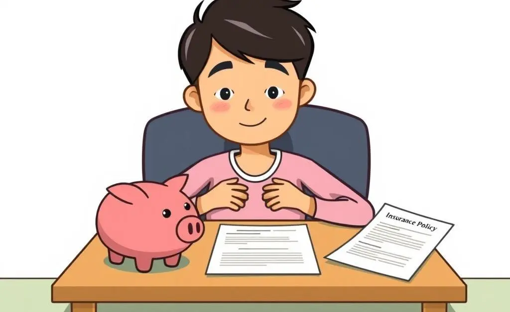 Person with piggy bank and insurance documents