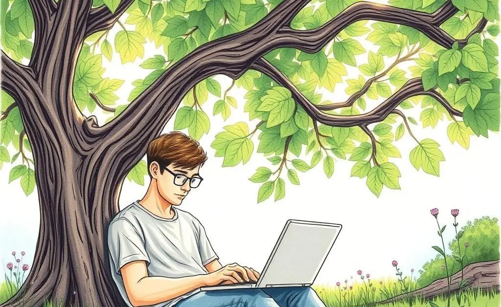 A hand-drawn image of a serene scene of a person calmly reviewing their investments on a laptop under a tree.