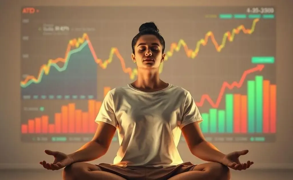 A person meditating with investment charts in the background