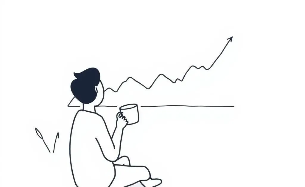 A minimalist hand-drawn image of a person sitting calmly, looking at a stock market graph with a cup of tea.