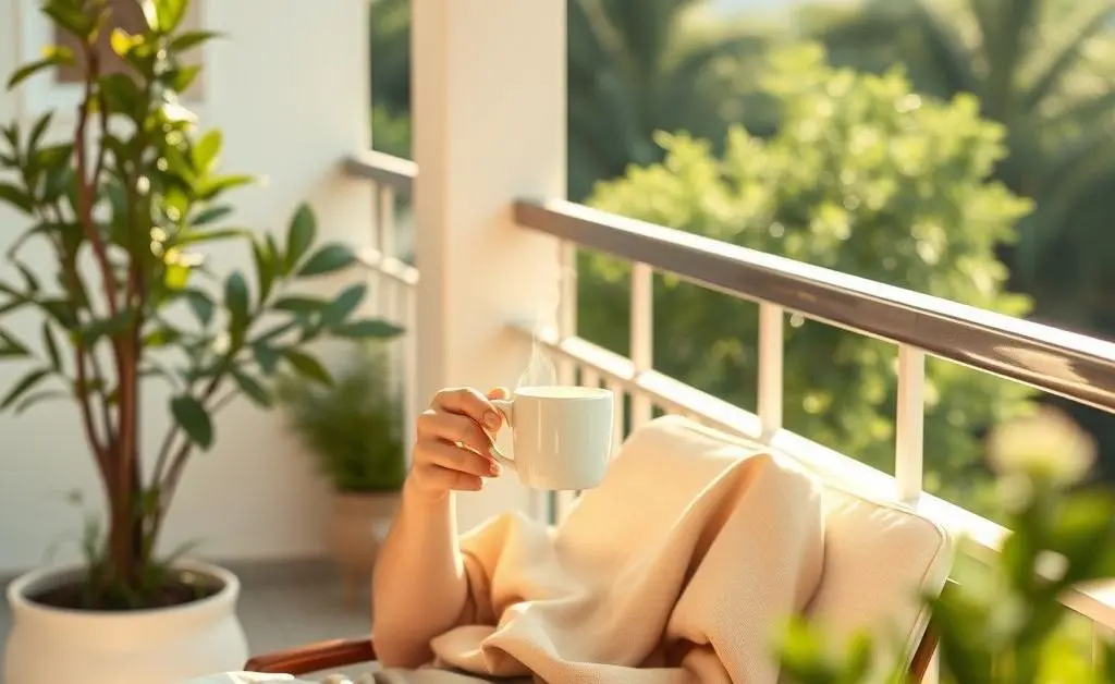 A serene scene of a person relaxing with a coffee cup, showing the calm nature of well-planned investing.