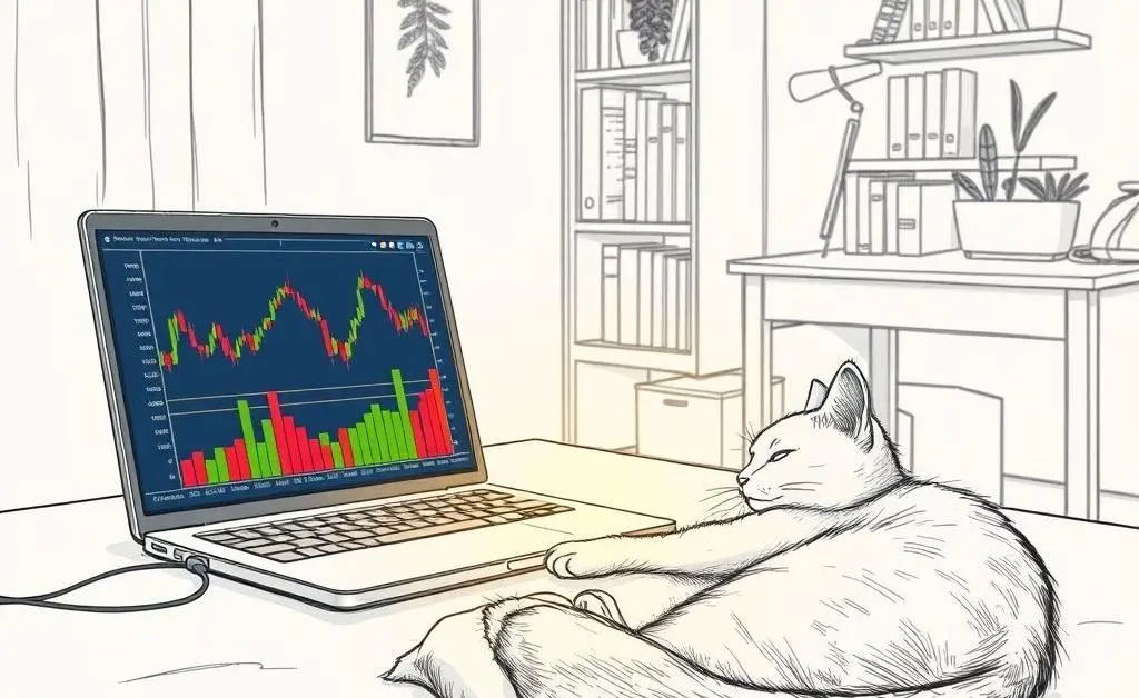 Peaceful home office setup with stock market graph