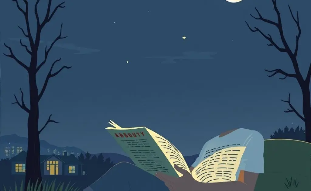 A peaceful night scene with a person reading about investments under moonlight