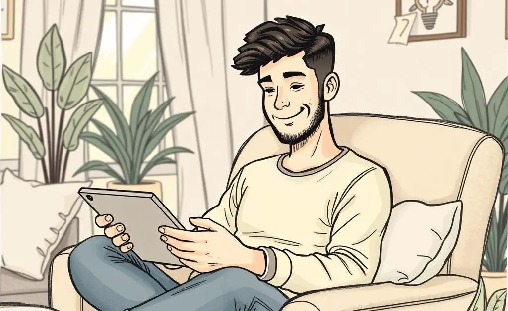 A relaxed person reviewing investment options on a tablet.