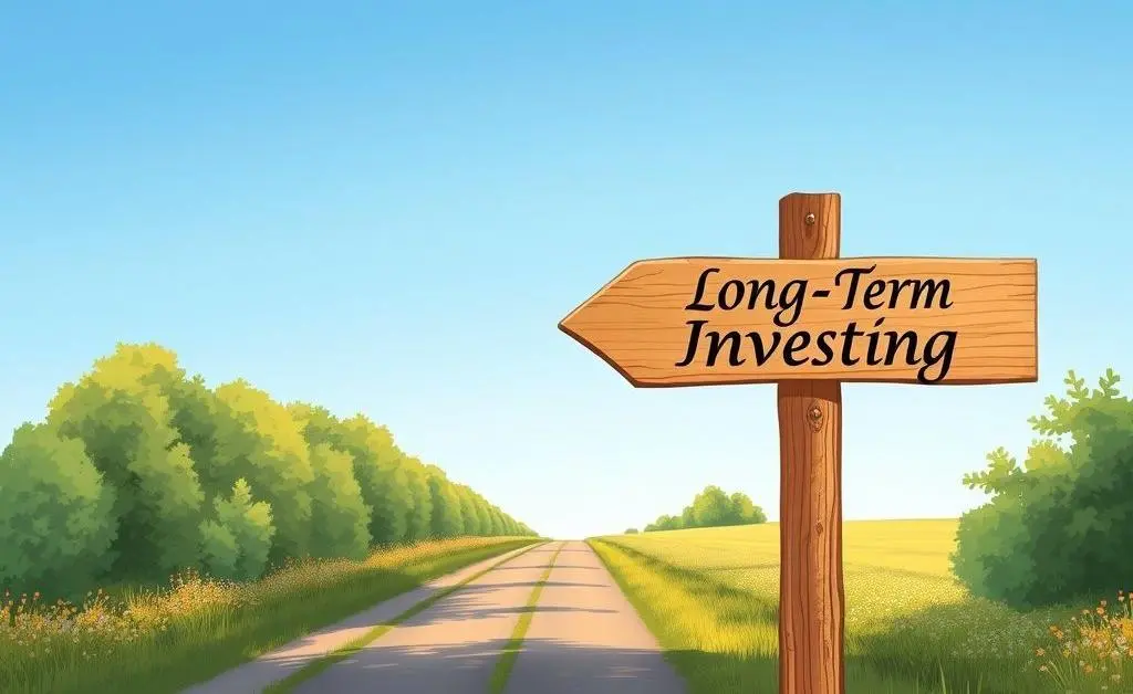 Illustration of a calm road with signposts labeled long-term investing