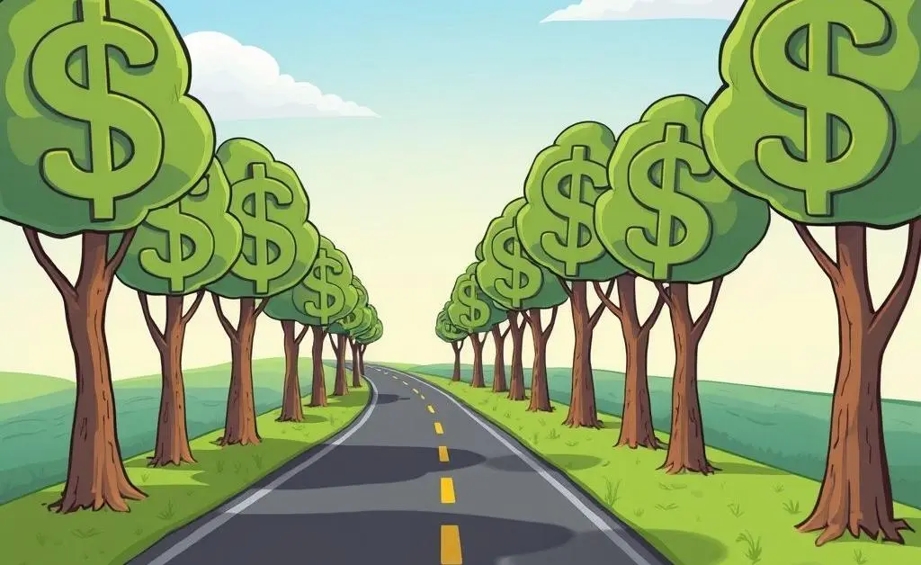 A serene road marked 'Investing Journey' with dollar sign trees.