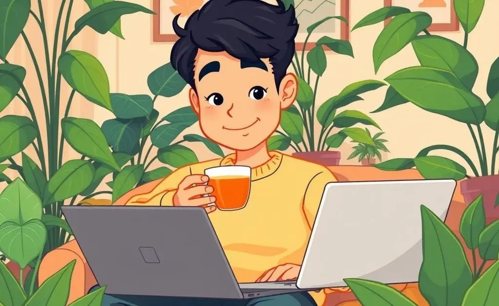 Person calmly reviewing investments with a cup of tea