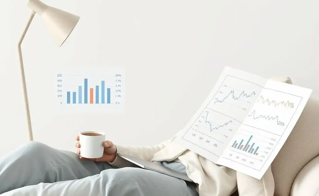 A calm person relaxing with financial charts and a cup of coffee