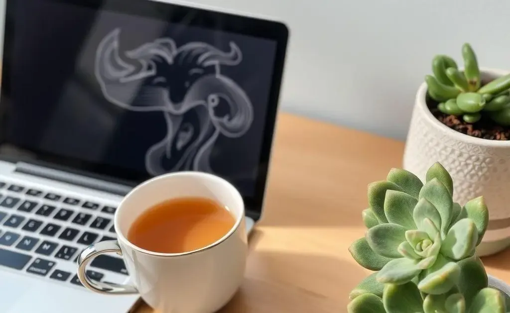 A tranquil desk setup with a laptop, a steaming cup of tea, and a succulent plant