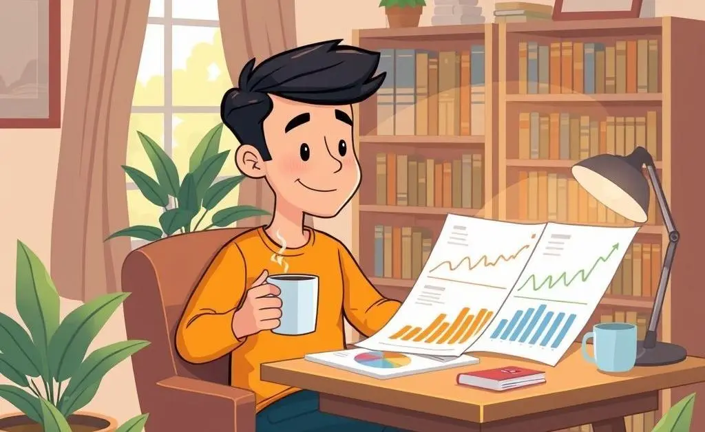 Cartoon of a person sitting calmly with a cup of coffee, reviewing investment charts, symbolizing a peaceful investing mindset