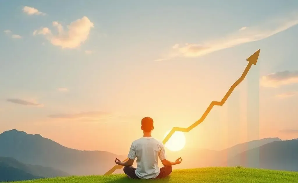 A person meditating beside a graph representing investment growth.