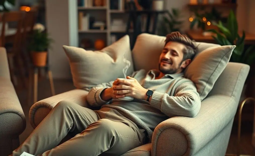 Person sitting in a comfortable chair, holding a mug, with real estate investment notes nearby