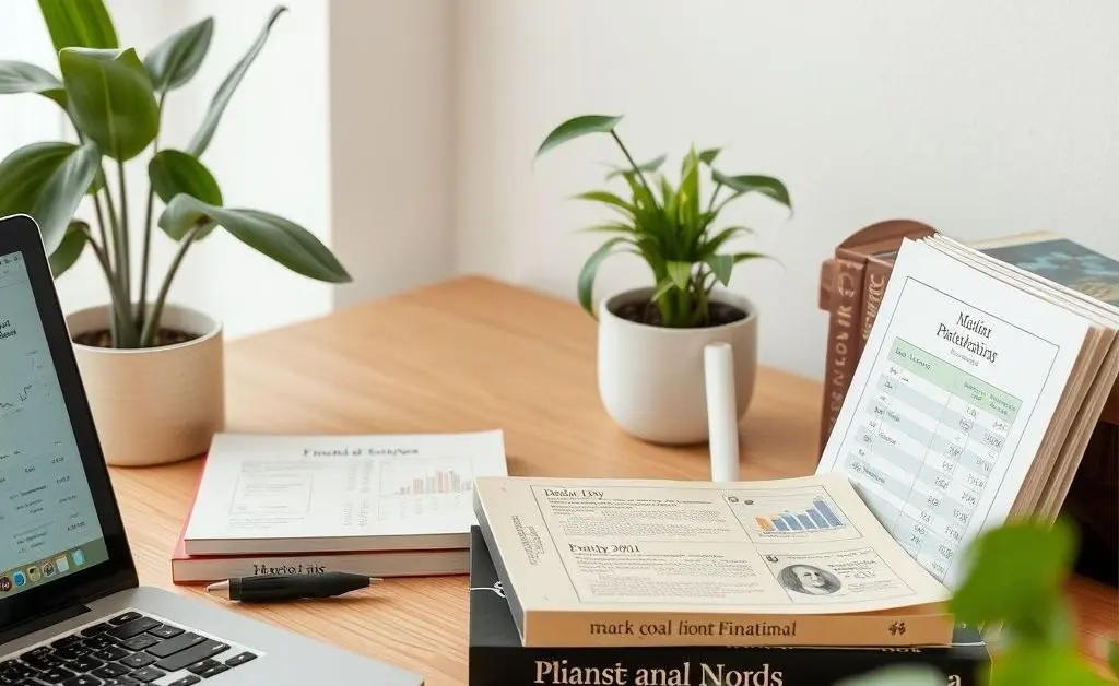 Desk with laptop, financial books, and plants