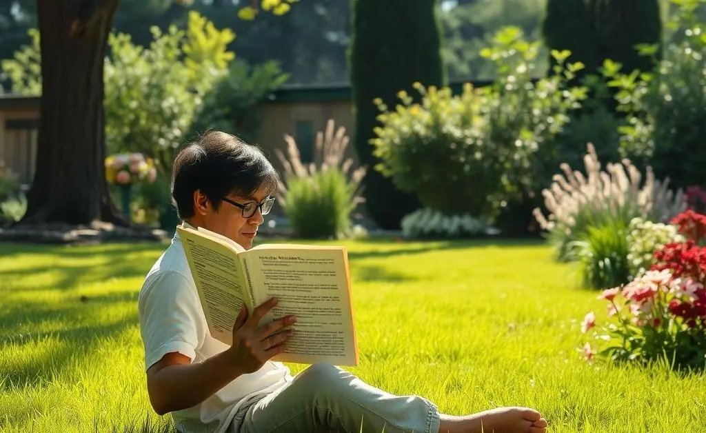Relaxed individual sitting in a green yard with a book on investing