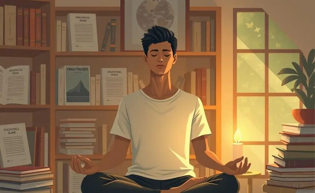 A serene scene of someone meditating beside financial books and a candle.